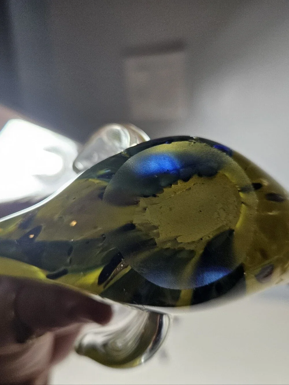 Vintage Hand Blown Art Glass Fish Figurine Murano Style Yellow Blue Speckled